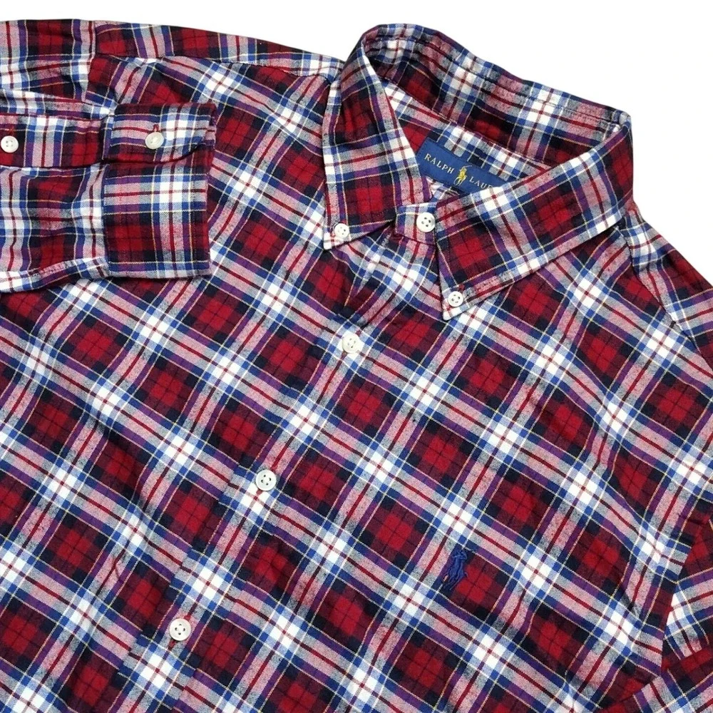 Ralph Lauren Button Down Shirt Mens Large Red Plaid Excellent Cotton Long Sleeve